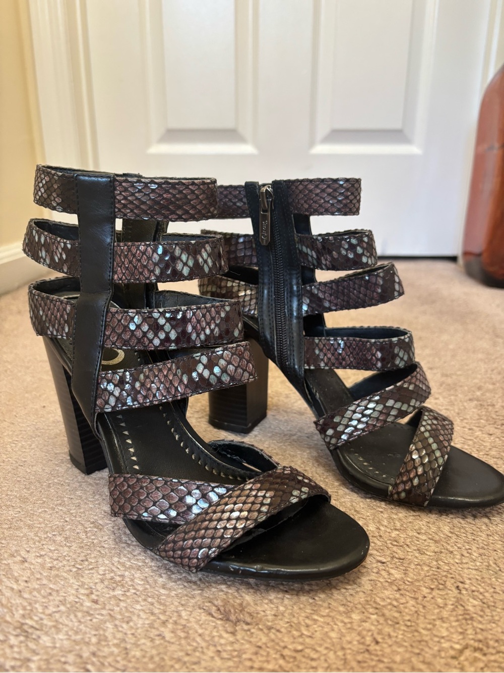 Circus by Sam Edelman Brown Snake-Print Strappy Block Heels